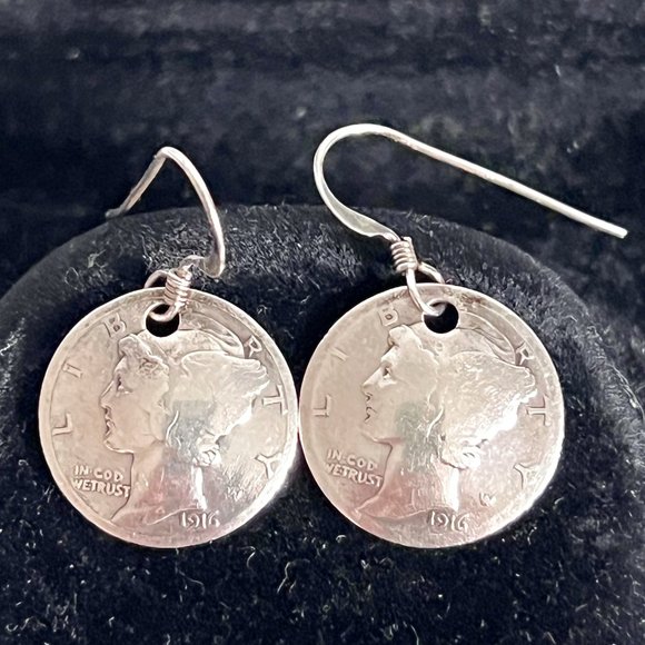 Antique 1916 U.S. Mercury Dime Silver Dangle Earrings - Picture 1 of 2